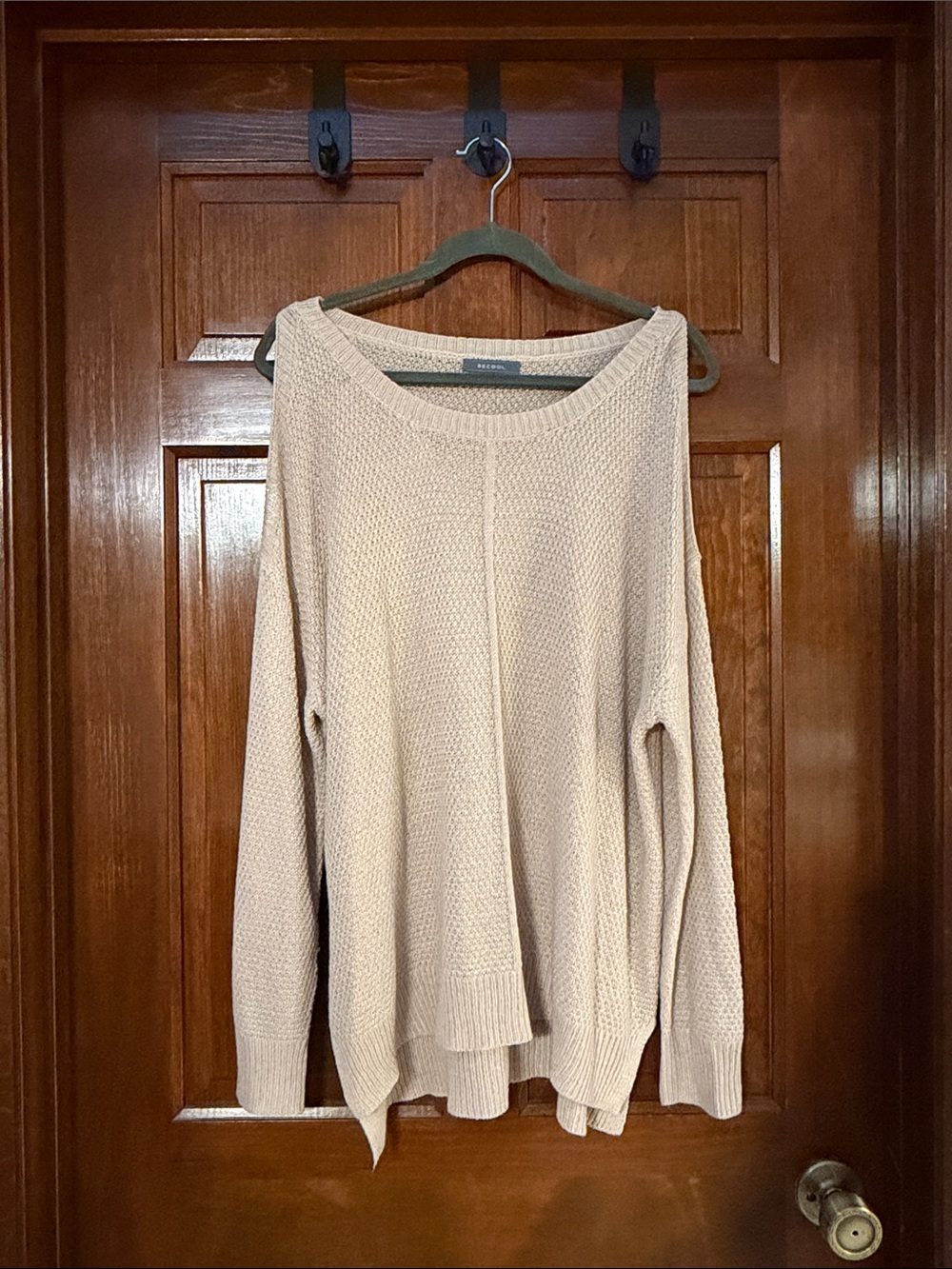 Neutral Cream Scoopneck Textured Knit Sweater with Shoulder Cut Outs